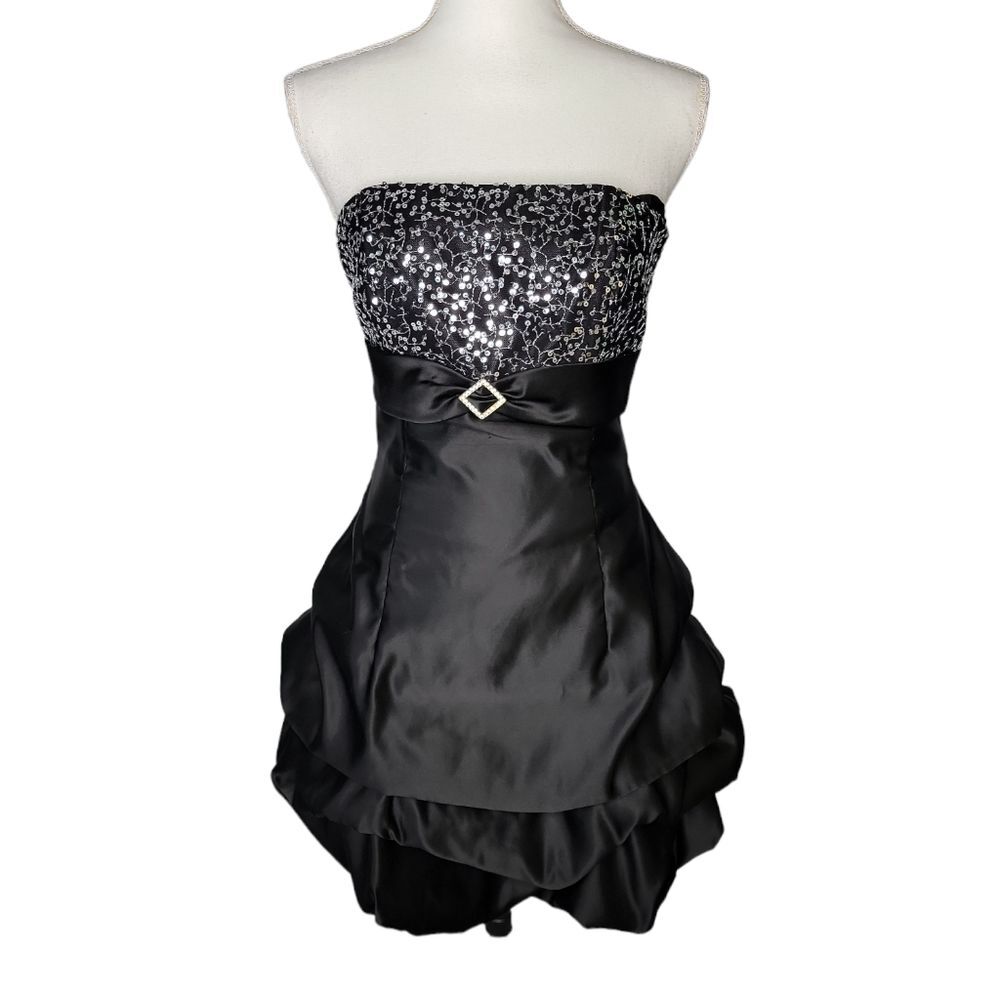 Jessica McClintock for Gunne Sax Black Sequin Bodice Bubble Hem Satin Dress